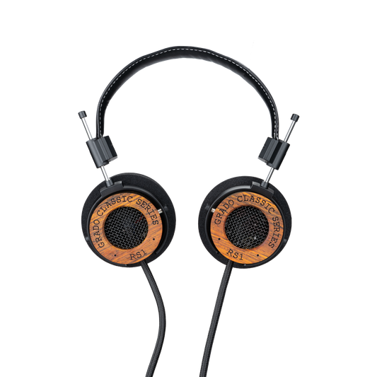 Photo of Grado RS1 Headphones taken from the top - both the left and right ear cups can be seen and have the words - Grado Classic Series - RS1 on them.