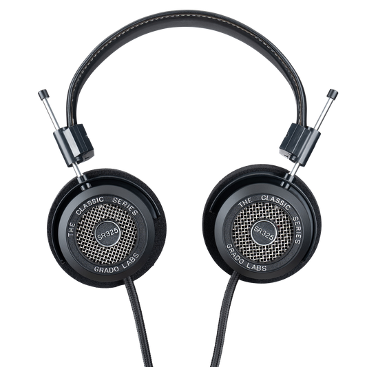 Photo of Grado SR325 Headphones taken from the top - both the left and right ear cups can be seen and have the model name - SR325 - in the center - and - The Classic Series - and - Grado Labs - are written on the outer edge of the ear cups. The cables can be seen coming out of the headphone.
