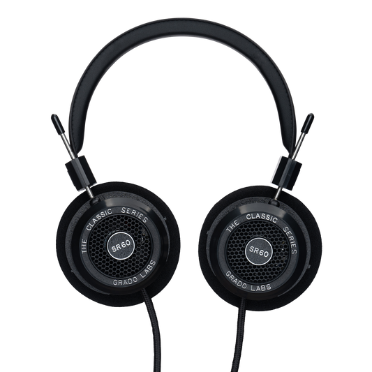 Photo of Grado SR60 Headphones taken from the top - both the left and right ear cups can be seen and have the model name - SR60 - in the center - and - The Classic Series - and - Grado Labs - are written on the outer edge of the ear cups. The cables can be seen coming out of the headphone.