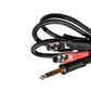 Close up sideways photo of Grado Gold Detachable audio Cables on a white background. The plugs are red and black.