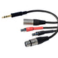 Sideways close up of Grado Gold Detachable audio Cables on a white background. One portion of the cable is curved around the other portion. The plugs are red and black. The red plug has a white R on it and the black plug has a white L on it. T