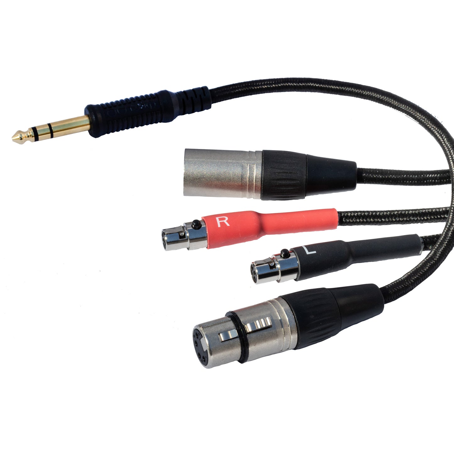 Sideways close up of Grado Gold Detachable audio Cables on a white background. One portion of the cable is curved around the other portion. The plugs are red and black. The red plug has a white R on it and the black plug has a white L on it. T