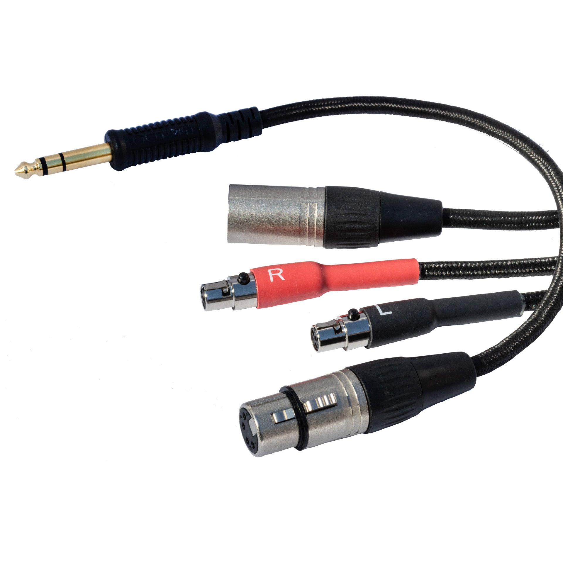 Sideways close up of Grado Gold Detachable audio Cables on a white background. One portion of the cable is curved around the other portion. The plugs are red and black. The red plug has a white R on it and the black plug has a white L on it. T