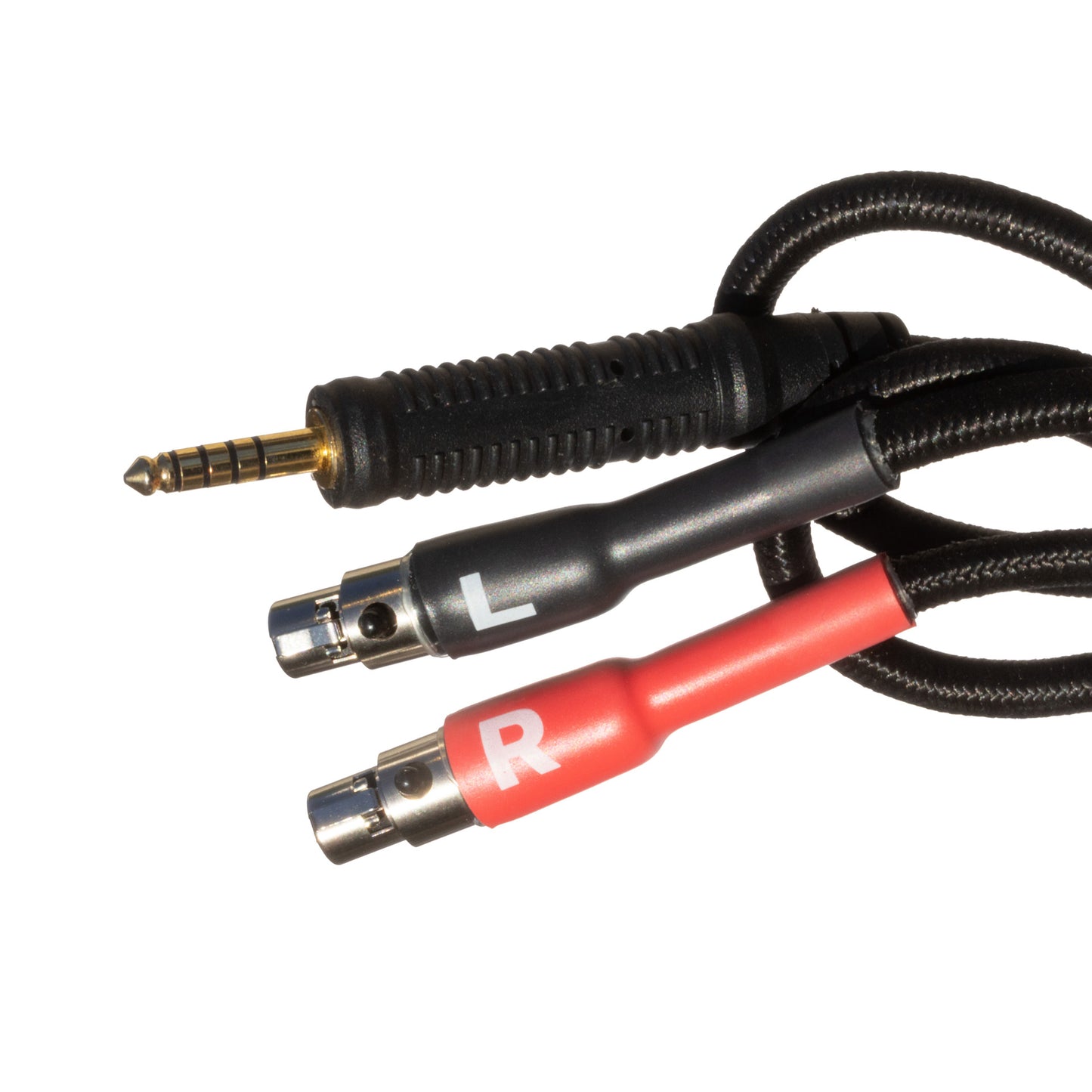 Sideways close up of Grado Gold Detachable audio Cables on a white background. The plugs are red and black. The red plug has a white R on it and the black plug has a white L on it.