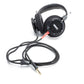 Photo of the Gold Detachable Cables which have red and black plugs and a black wire attached to black Grado Headphones with black ear cups.