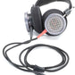 Photo of the Gold Detachable Cables which have red and black plugs and a black wire attached to black Grado Headphones with Silver ear cups.