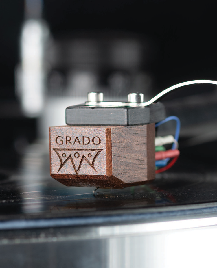 Photo of a grado cartridge on a turntable.