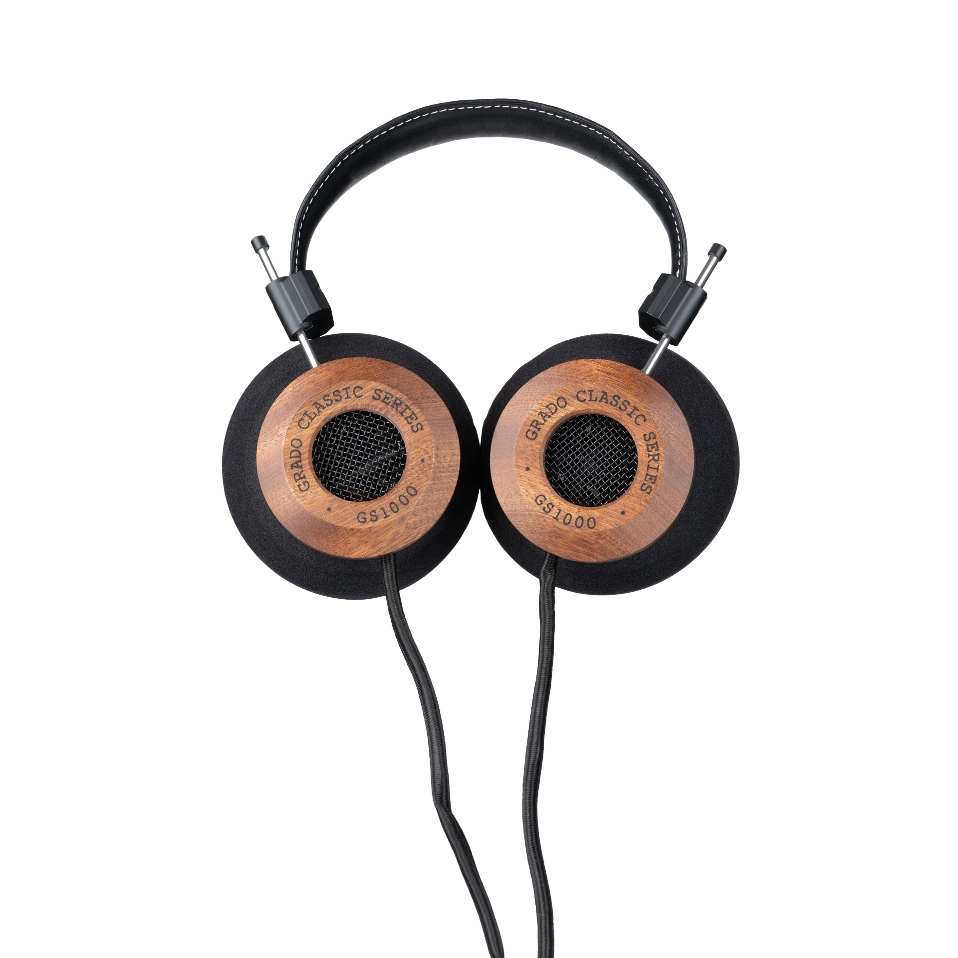 Photo of Grado GS1000 Headphones  taken from the top - both the left and right ear cups can be seen and have the words - Grado Classic Series - GS1000 on them.