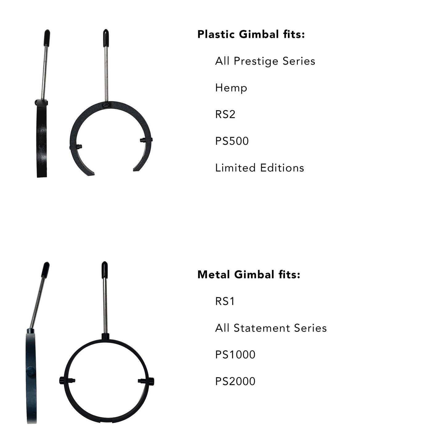 Photo of a black plastic gimbal ring  and metal gimbal ring on a white background. Next to each is a list of the headphones that it fits. The plastic Gimbal fits: All prestige series, Hemp, RS2, PS500, Limited Editions. The Metal Gimbal fits: RS1, All Statement Series, PS1000, PS2000.
