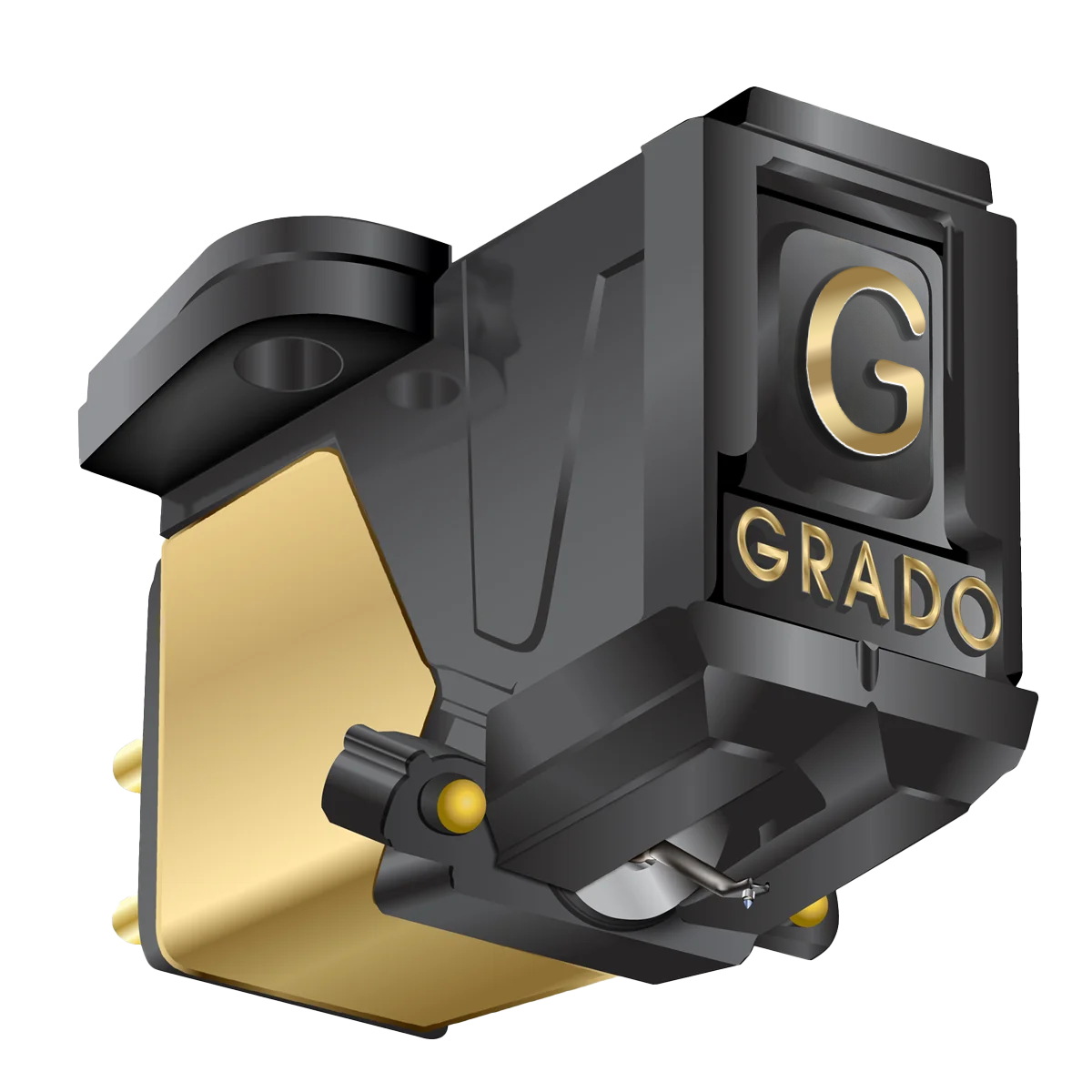 Close up rendering of a Gold4 Cartridge which is black and gold with a large G and the word GRADO on the front in gold letters.