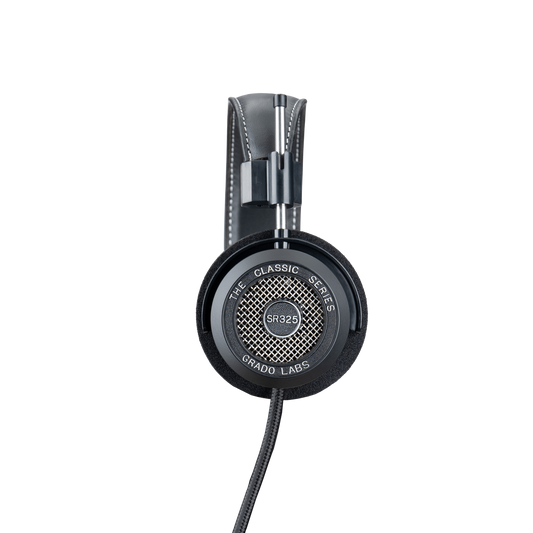 Photo of the Grado SR325 Headphones taken from the side - the model name - SR325 - is featured in the center of the ear cup. The Words - The Classic Series - and - Grad Labs are written around the outer edge of the ear cup.