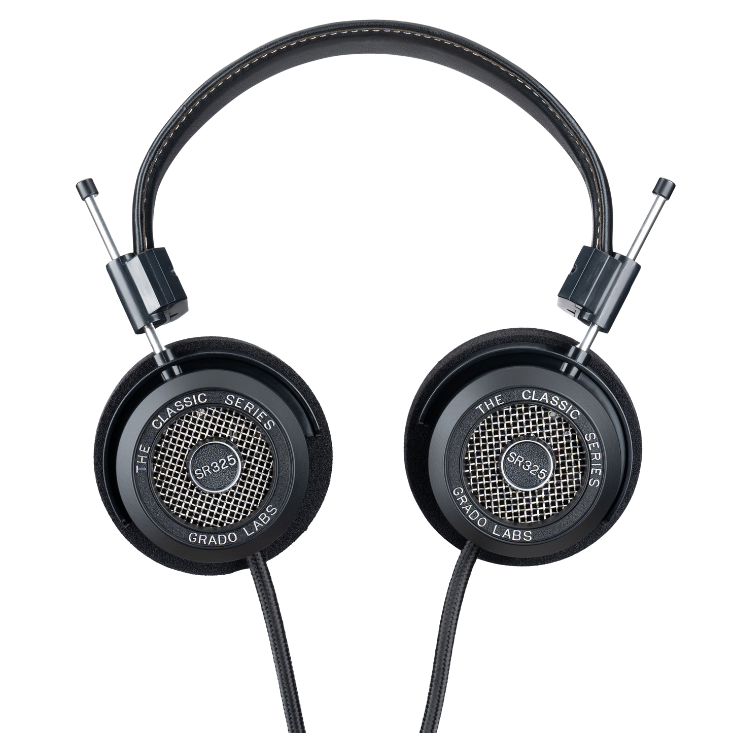 Photo of Grado SR325 Headphones  taken from the top - both the left and right ear cups can be seen and have the model name - SR325 - in the center - and - The Classic Series - and - Grado Labs - are written on the outer edge of the ear cups. The cables can be seen coming out of the headphone.