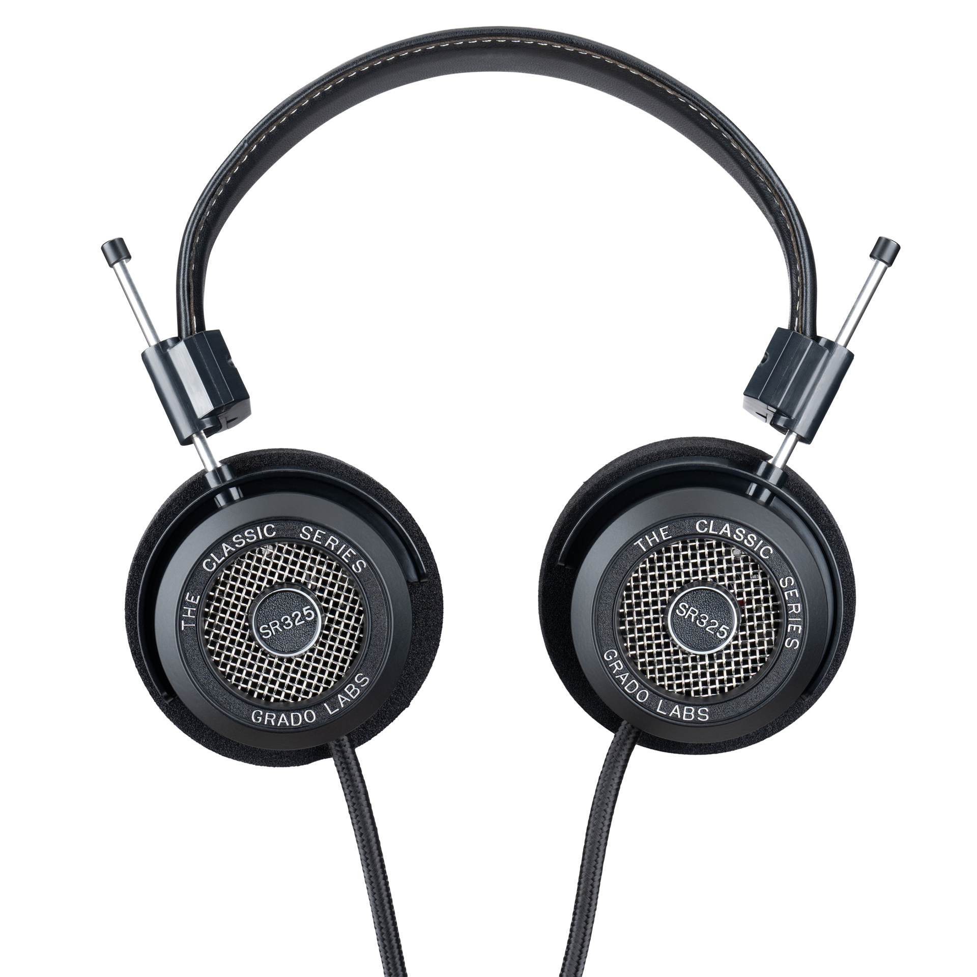 Photo of Grado SR325 Headphones  taken from the top - both the left and right ear cups can be seen and have the model name - SR325 - in the center - and - The Classic Series - and - Grado Labs - are written on the outer edge of the ear cups. The cables can be seen coming out of the headphone.