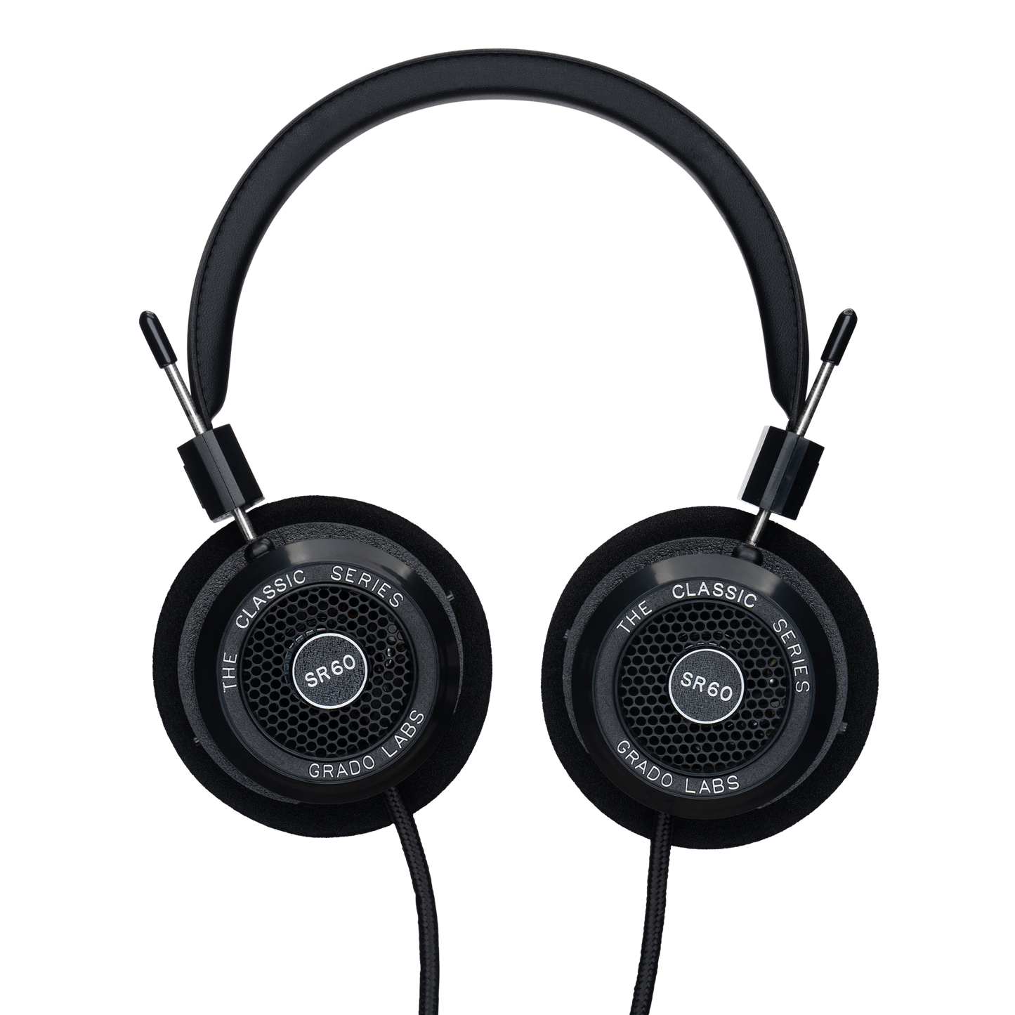Photo of Grado SR60 Headphones  taken from the top - both the left and right ear cups can be seen and have the model name - SR60 - in the center - and - The Classic Series - and - Grado Labs - are written on the outer edge of the ear cups. The cables can be seen coming out of the headphone.
