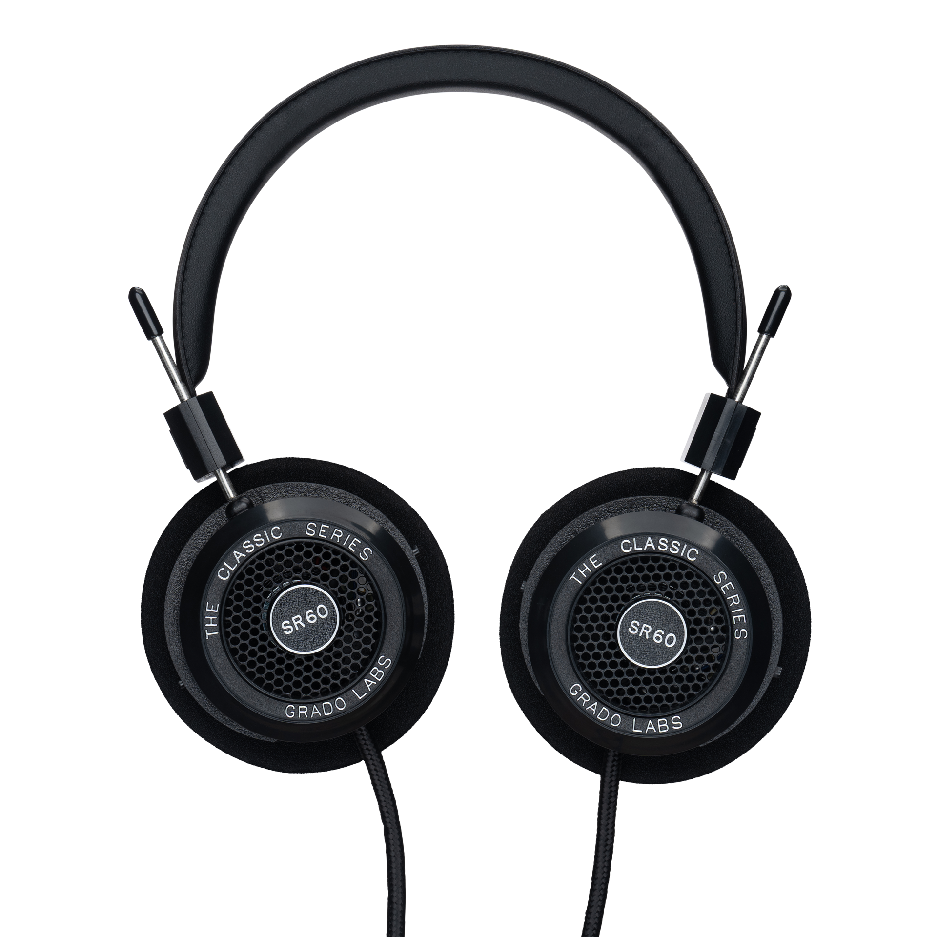 Photo of Grado SR60 Headphones  taken from the top - both the left and right ear cups can be seen and have the model name - SR60 - in the center - and - The Classic Series - and - Grado Labs - are written on the outer edge of the ear cups. The cables can be seen coming out of the headphone.