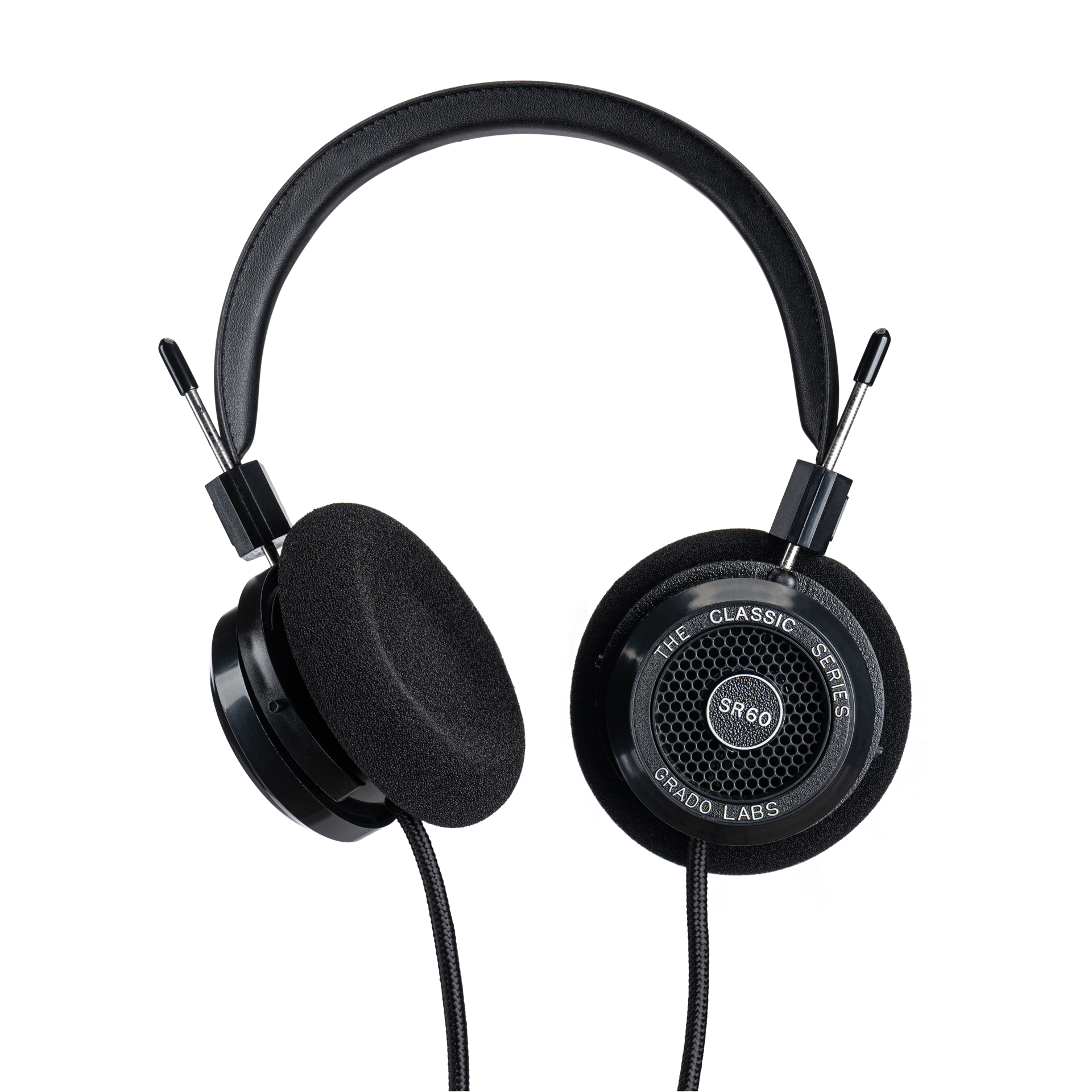 Photo of Grado SR60 Headphones  taken from 3/4 view - one ear cup is facing away from view while the other is showing the model name - SR60 - can be seen in the center and the words - The Classic Series - and - Grado Labs are written on the outside edge of the ear cups. The cables can be seen coming out of the headphone.