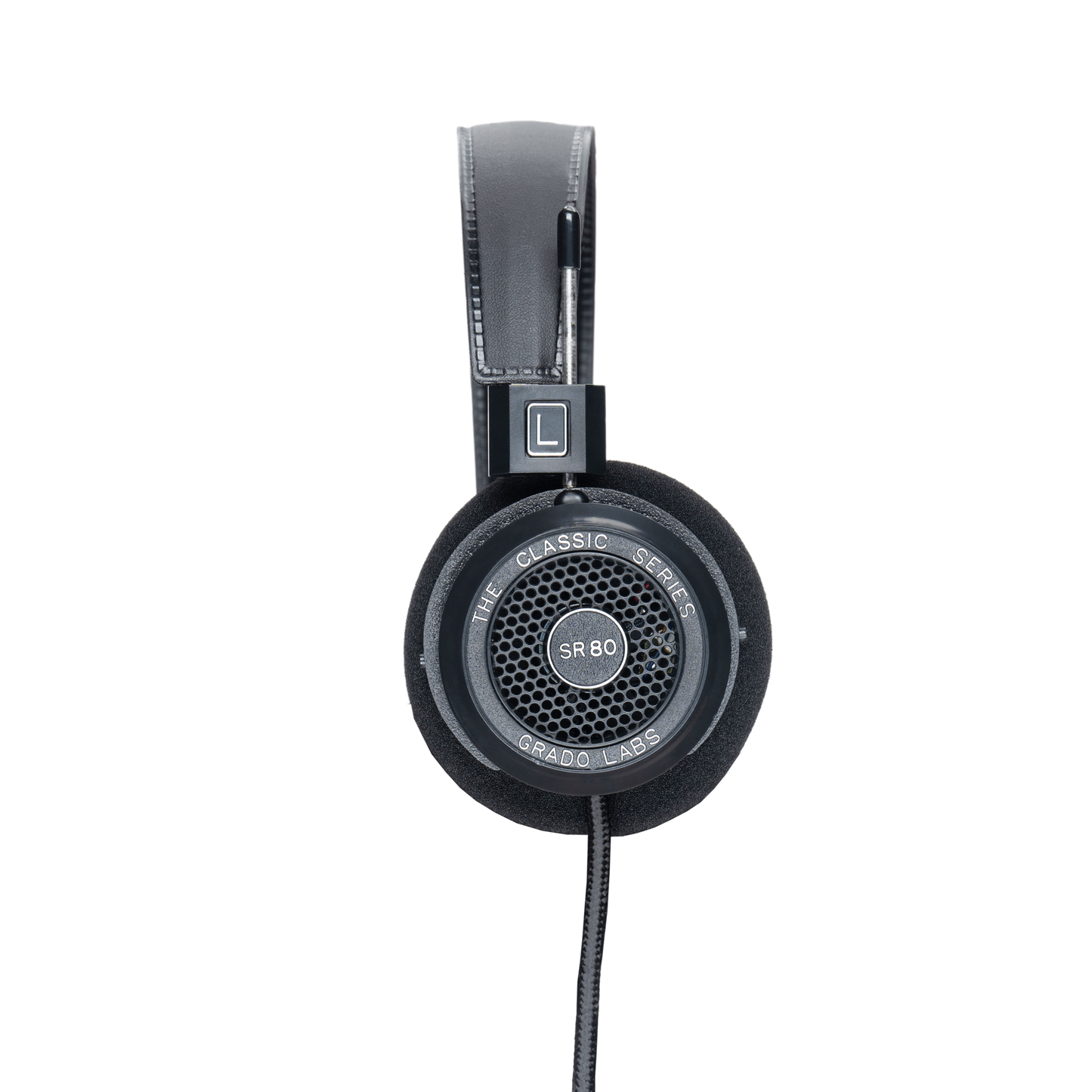 Photo of the Grado SR80 Headphones taken from the side - the model name - SR80 - is featured in the center of the ear cup. The Words - The Classic Series - and - Grado Labs are written around the outer edge of the ear cup.