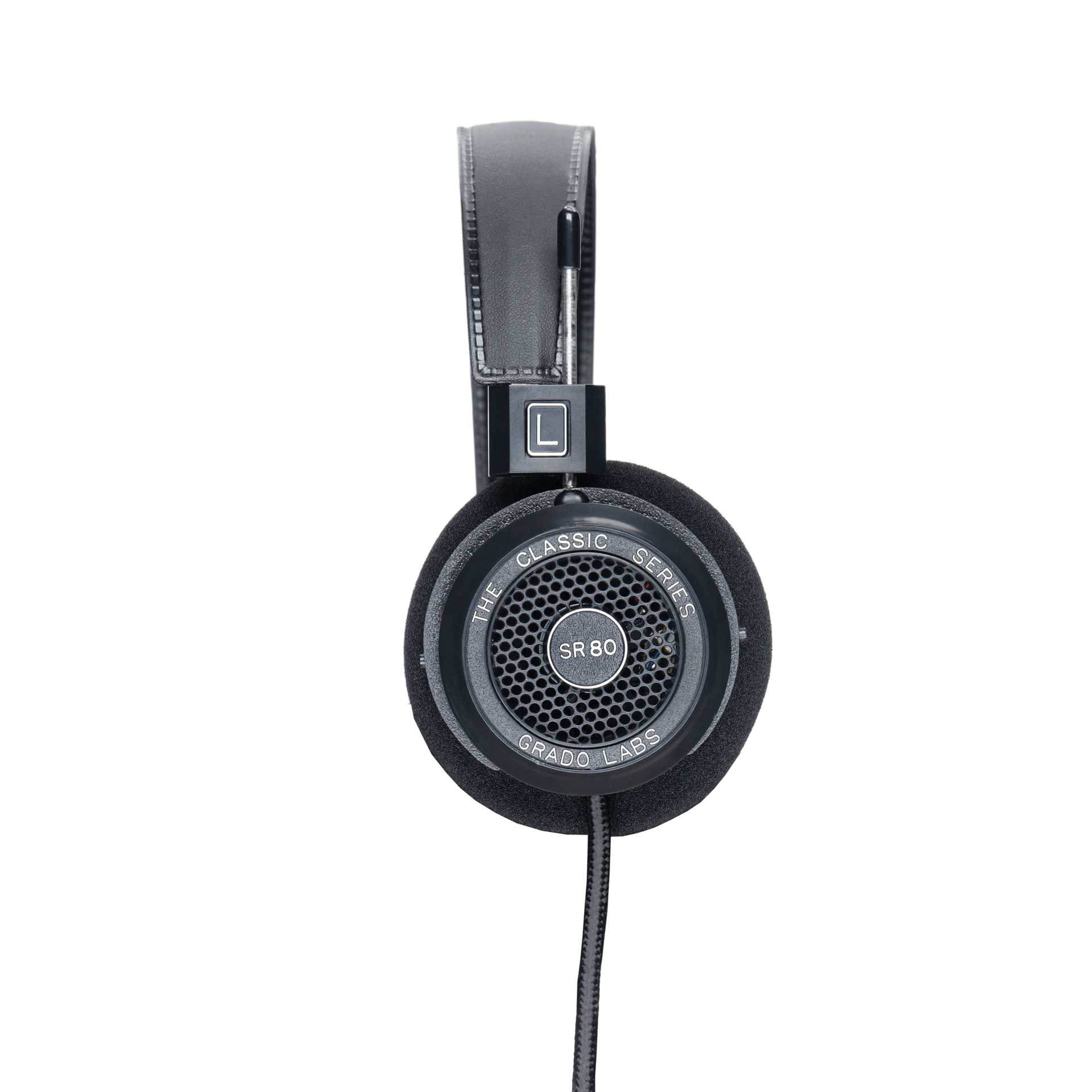 Photo of the Grado SR80 Headphones taken from the side - the model name - SR80 - is featured in the center of the ear cup. The Words - The Classic Series - and - Grado Labs are written around the outer edge of the ear cup.