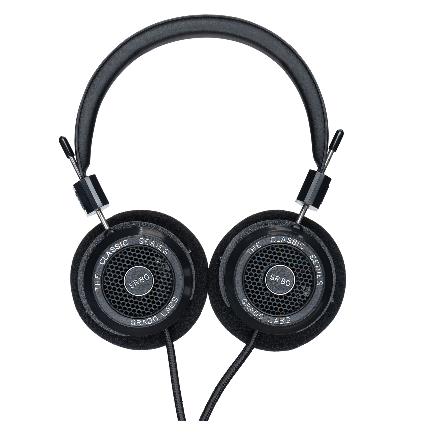 Photo of Grado SR80 Headphones  taken from the top - both the left and right ear cups can be seen and have the model name - SR80 - in the center - and - The Classic Series - and - Grado Labs - are written on the outer edge of the ear cups. The cables can be seen coming out of the headphone.