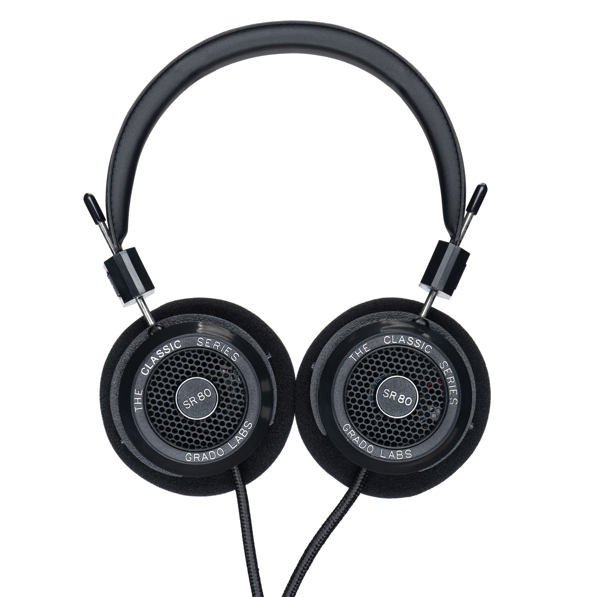 Photo of Grado SR80 Headphones  taken from the top - both the left and right ear cups can be seen and have the model name - SR80 - in the center - and - The Classic Series - and - Grado Labs - are written on the outer edge of the ear cups. The cables can be seen coming out of the headphone.