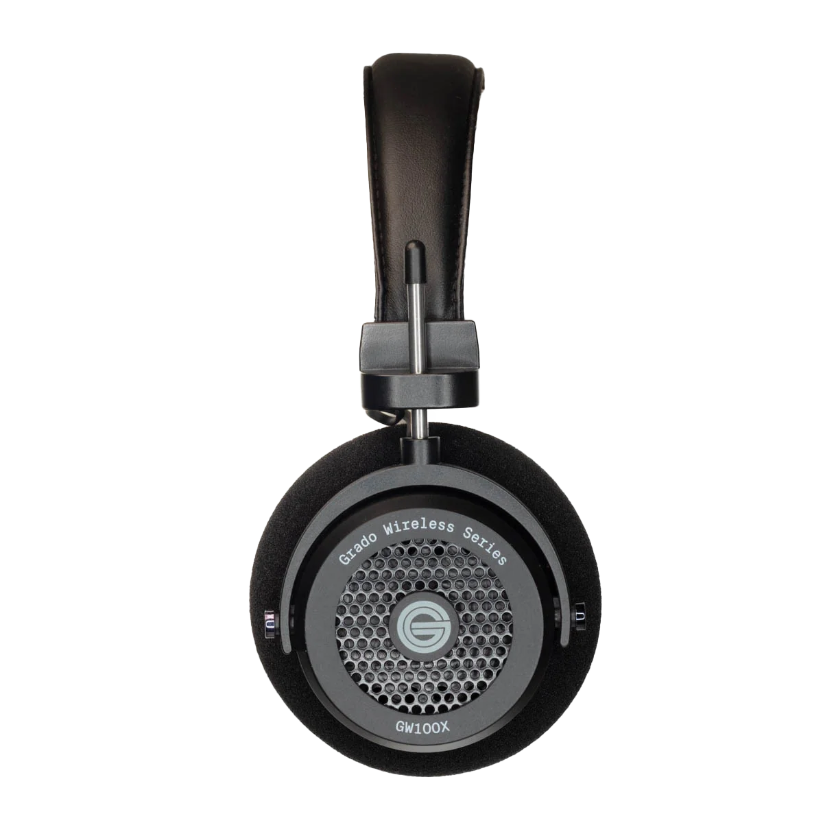 Side view photo of the GW100x headphones showing the ear cup which has the Grado logo, and is inscribed with - Grado Wireless Series - and - GW100x