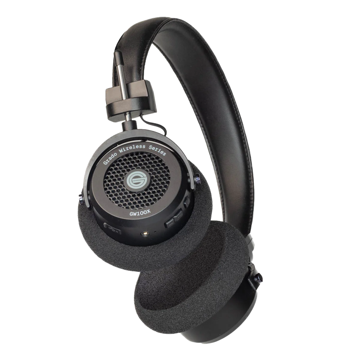 3/4  view photo of the GW100x headphones showing the ear cup which has the Grado logo, and is inscribed with - Grado Wireless Series - and - GW100x