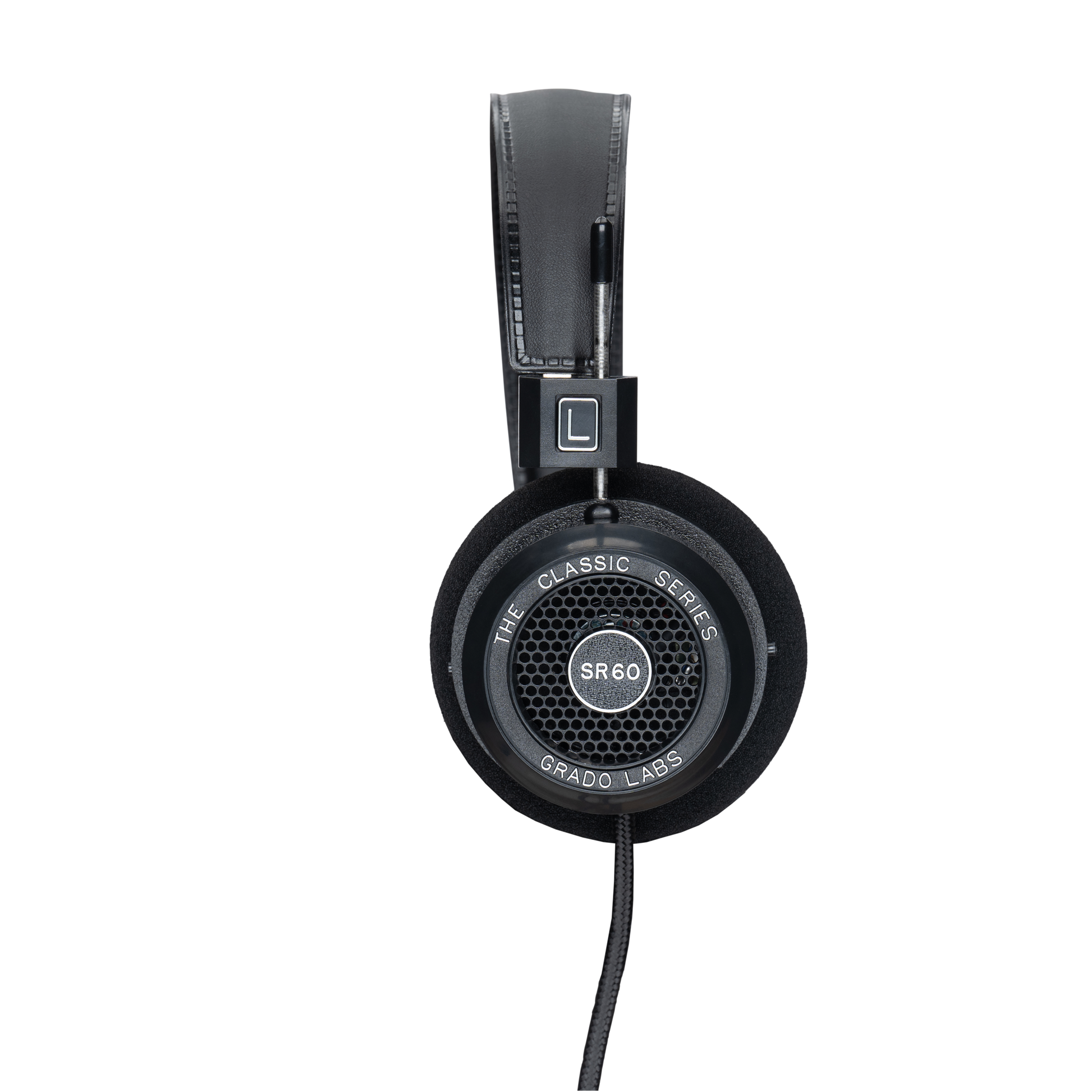 Photo of the Grado SR60 Headphones taken from the side - the model name - SR60 - is featured in the center of the ear cup. The Words - The Classic Series - and - Grado Labs are written around the outer edge of the ear cup.