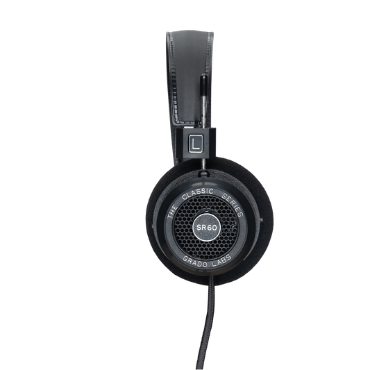 Photo of the Grado SR60 Headphones taken from the side - the model name - SR60 - is featured in the center of the ear cup. The Words - The Classic Series - and - Grado Labs are written around the outer edge of the ear cup.