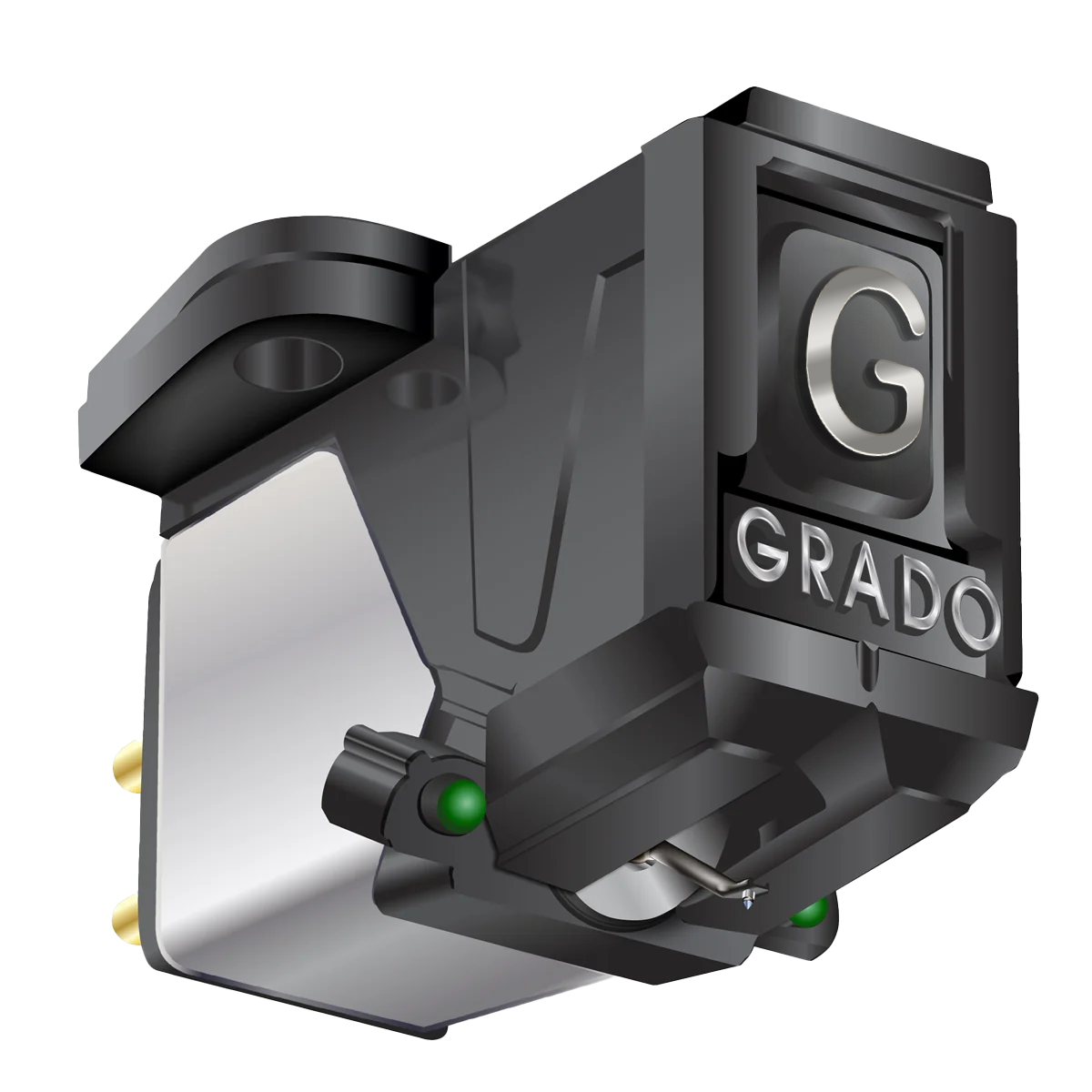 Close up rendering of the Green4 Cartridge which is black and silver with a large G and the word GRADO on the front in silver letters.