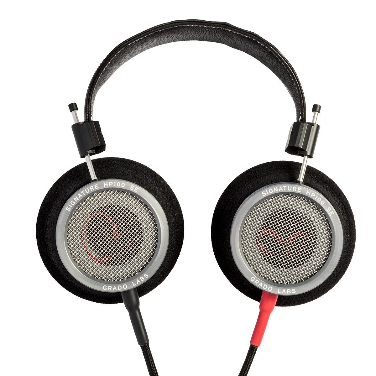 Photo of Grado RS1 Headphones taken from the top - both the left and right ear cups can be seen and have the words - Signature HP100 SE - and - Grado Labs - on them.