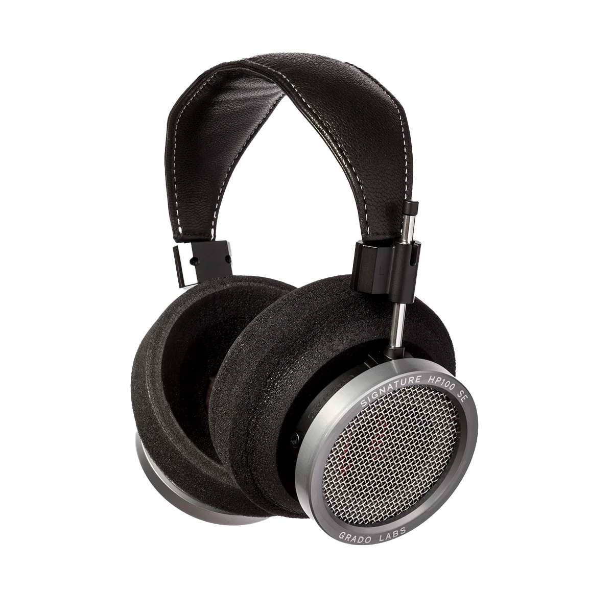 Photo of Grado HP100SE Headphones  taken from 3/4 view - one ear cup is facing away from view while the other is showing the model name - Signature HP100 SE - and - Grado Labs are written on the outside edge of the ear cups. 