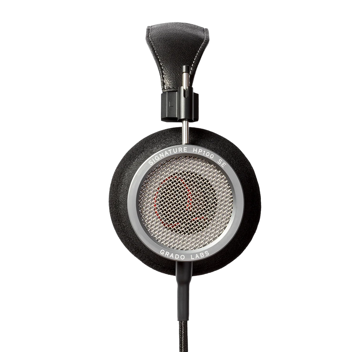 Photo of Grado Signature HP100SE  Headphones taken from the side - the words - Grado Labs - and - Signature HP100SE - can be seen on the ear cup.
