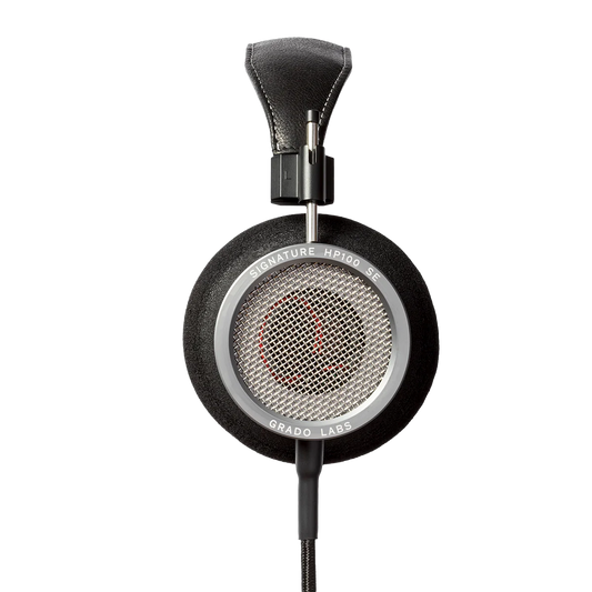 Photo of Grado Signature HP100SE  Headphones taken from the side - the words - Grado Labs - and - Signature HP100SE - can be seen on the ear cup.