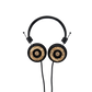 Photo of Grado Hemp Headphones  taken from the top - both the left and right ear cups can be seen and have the Grado logo in the center - the cables can be seen coming out of the headphone.