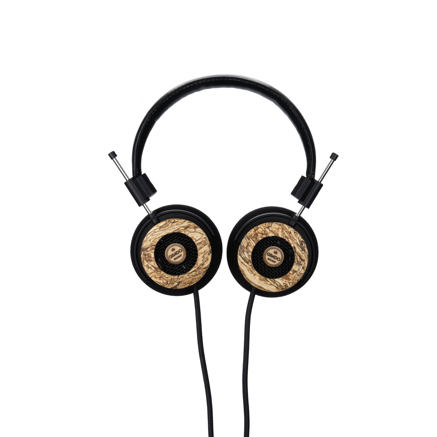 Photo of Grado Hemp Headphones  taken from the top - both the left and right ear cups can be seen and have the Grado logo in the center - the cables can be seen coming out of the headphone.
