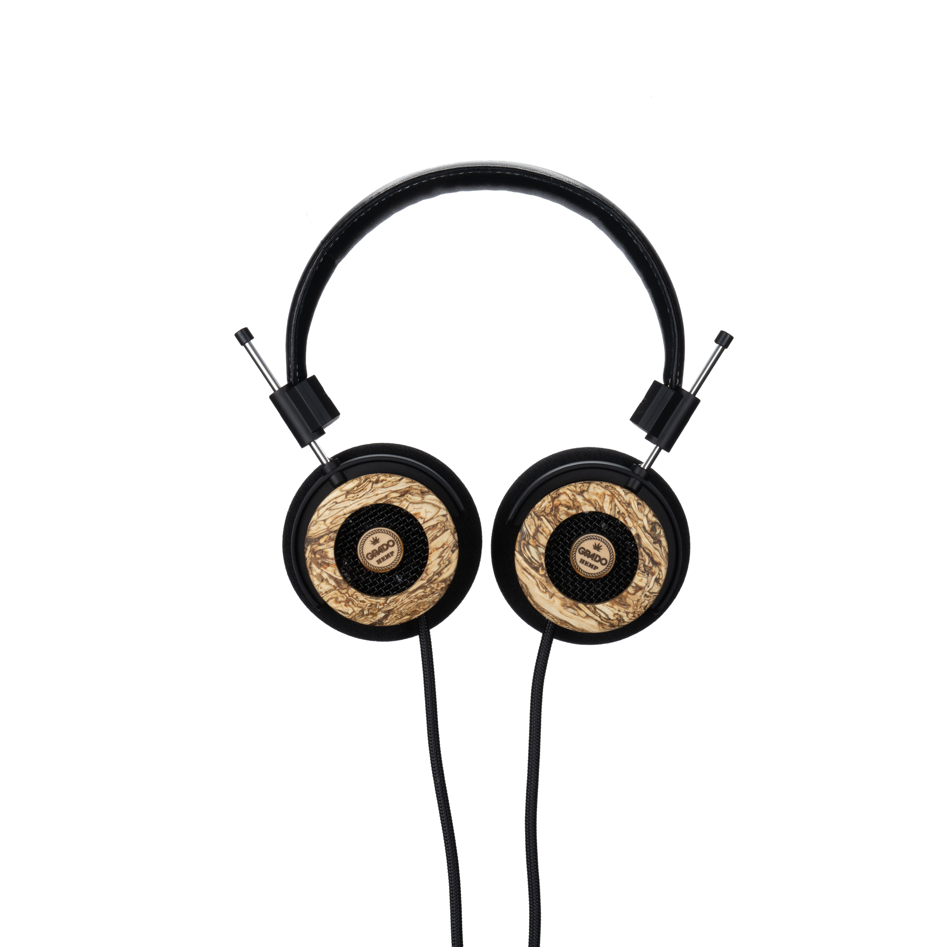Photo of Grado Hemp Headphones  taken from the top - both the left and right ear cups can be seen and have the Grado logo in the center - the cables can be seen coming out of the headphone.