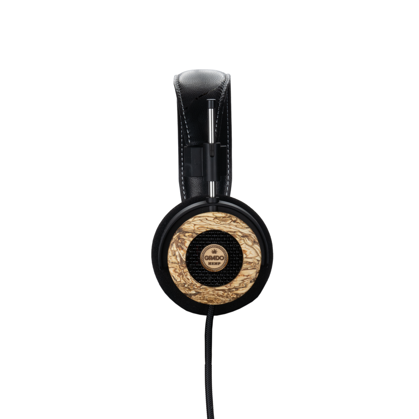 Photo of the Grado Hemp Headphones taken from the side - the Grado logo is featured in the center of the ear cup.