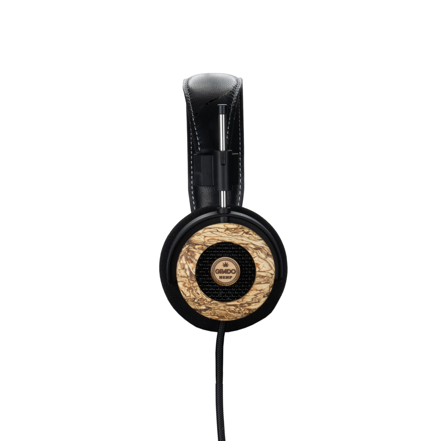 Photo of the Grado Hemp Headphones taken from the side - the Grado logo is featured in the center of the ear cup.