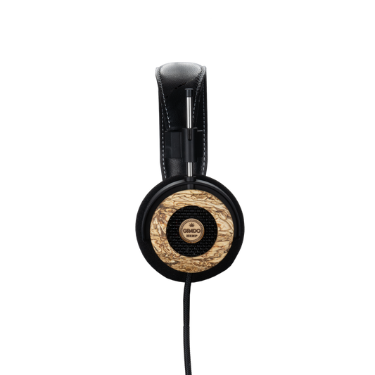 Photo of the Grado Hemp Headphones taken from the side - the Grado logo is featured in the center of the ear cup.
