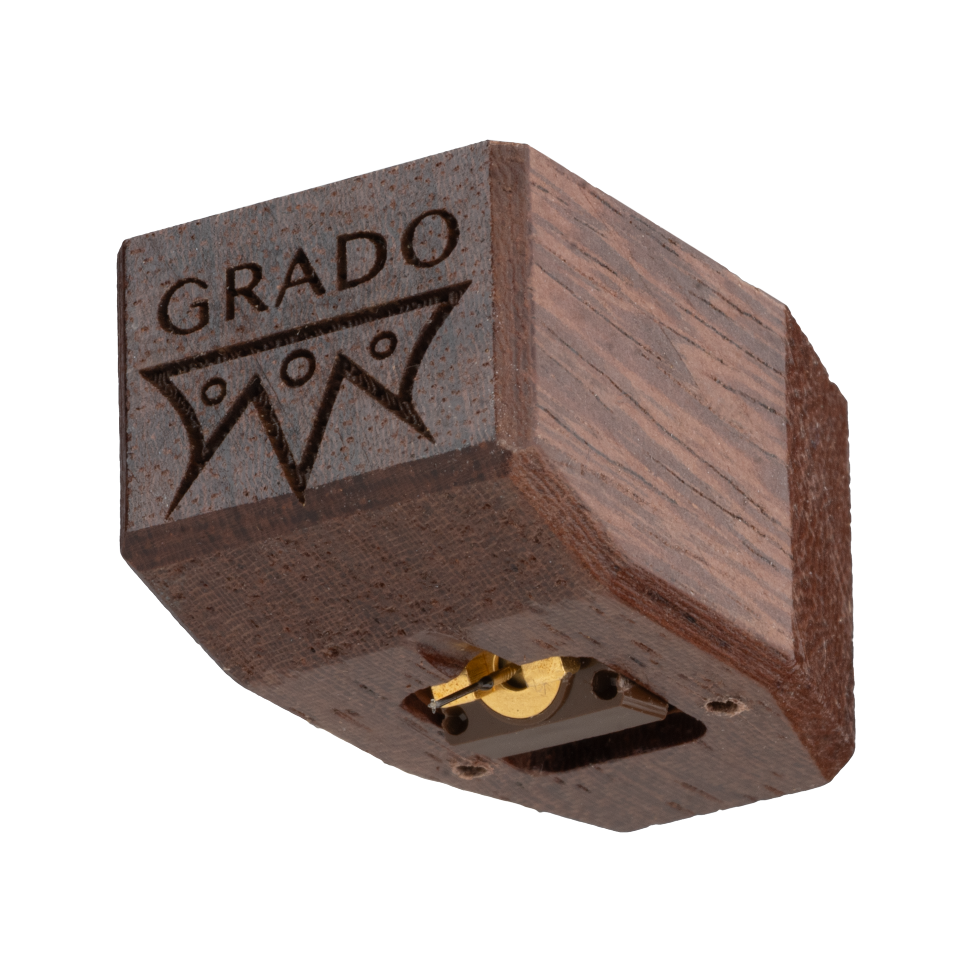 Close up photo of a Lineage Series Cartridge which is wooden and has the words GRADO and a symbol that resembles an upside down crown engraved in it.