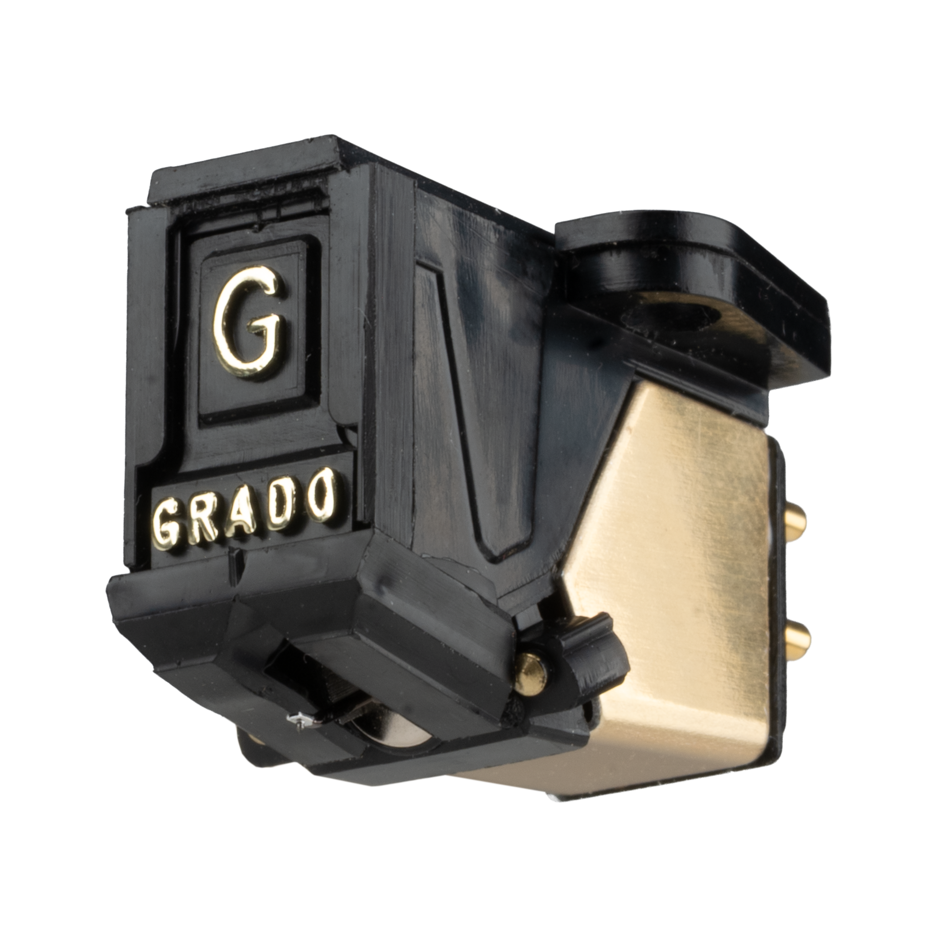 Close up photo of a Gold4 Cartridge which is black and gold with a large G and the word GRADO on the front in gold letters.