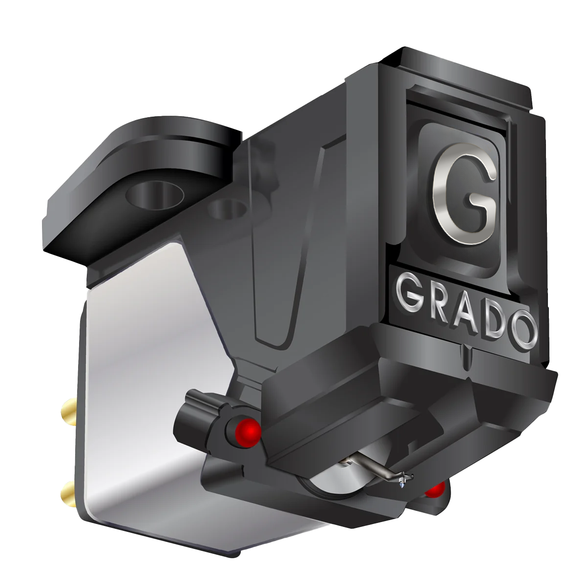 Close up rendering of the Red4 Cartridge which is black and silver with a large G and the word GRADO on the front in silver letters.