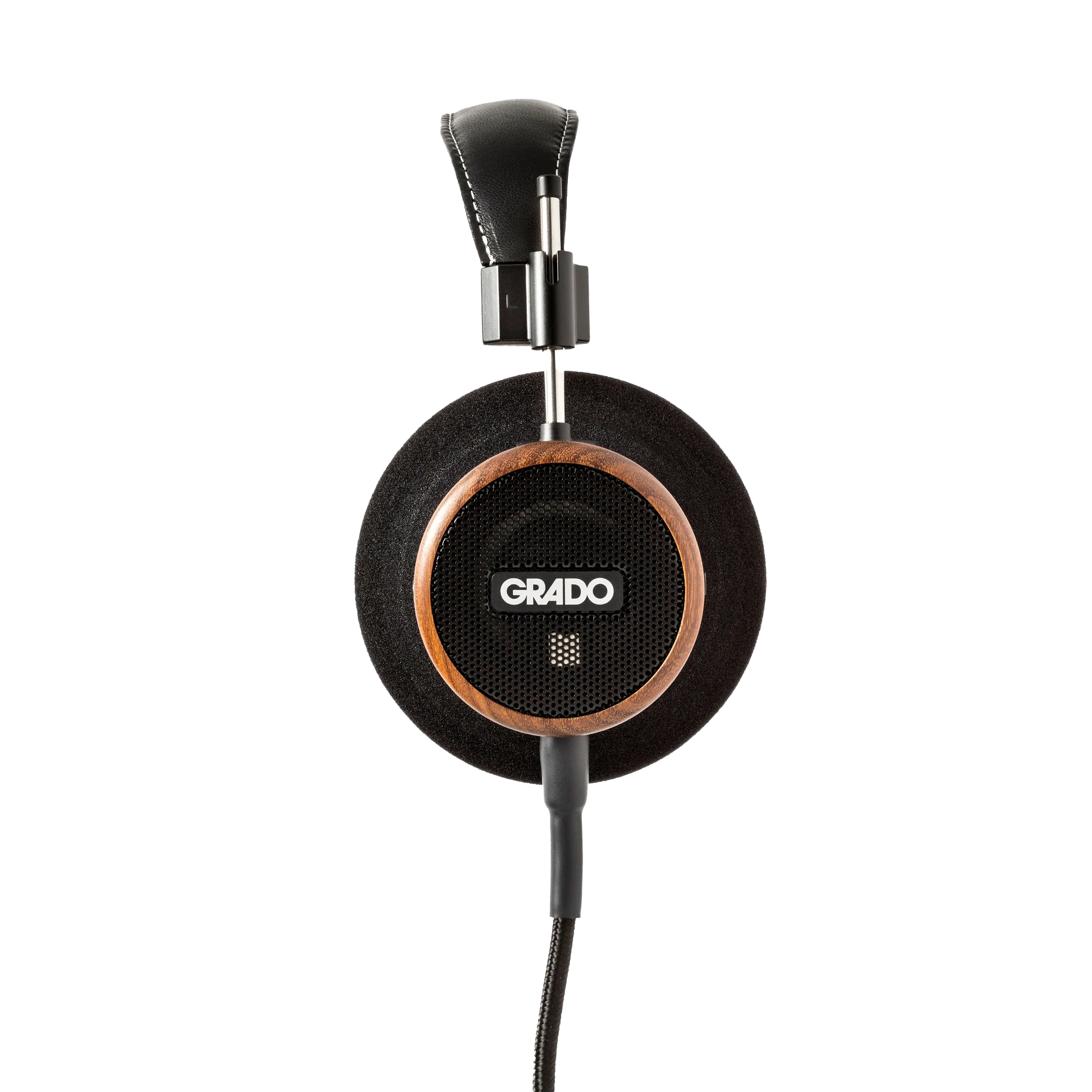 Photo of Grado S550 Headphones taken from the side - the Grado logo is featured in the center of the ear cup.