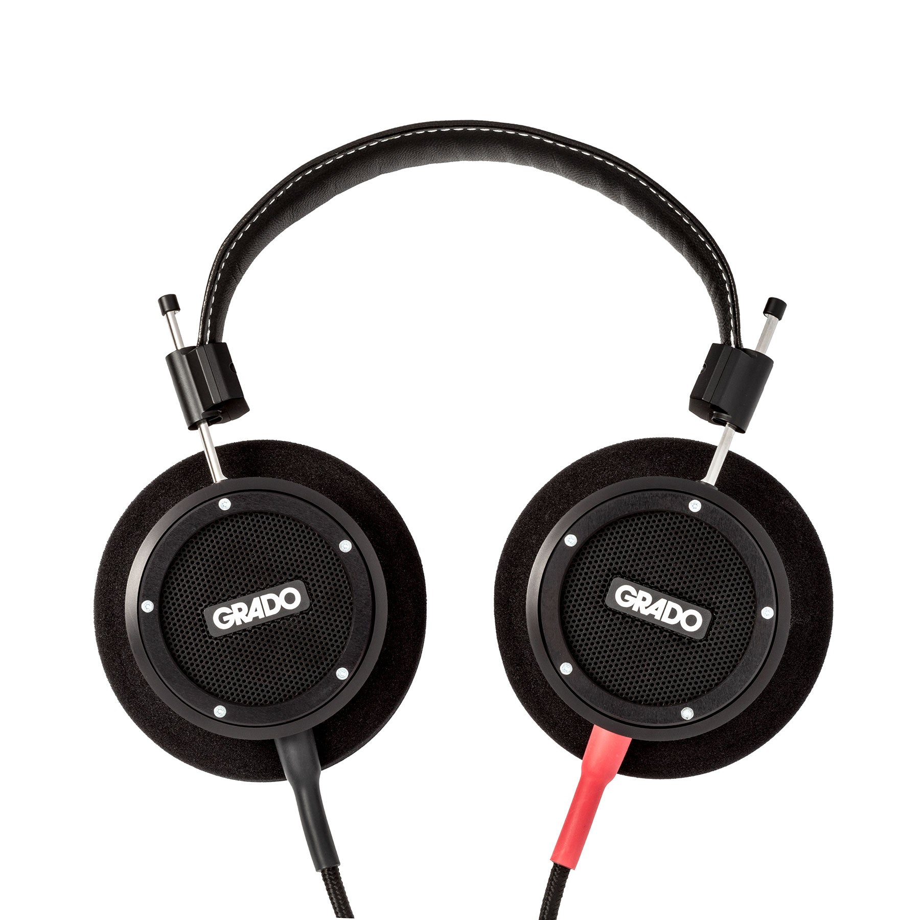 Photo of Grado S750 Headphones on a white background taken from the top - both the left and right ear cups can be seen and have the Grado logo in the center - the red/black cables can be seen coming out of the headphone.