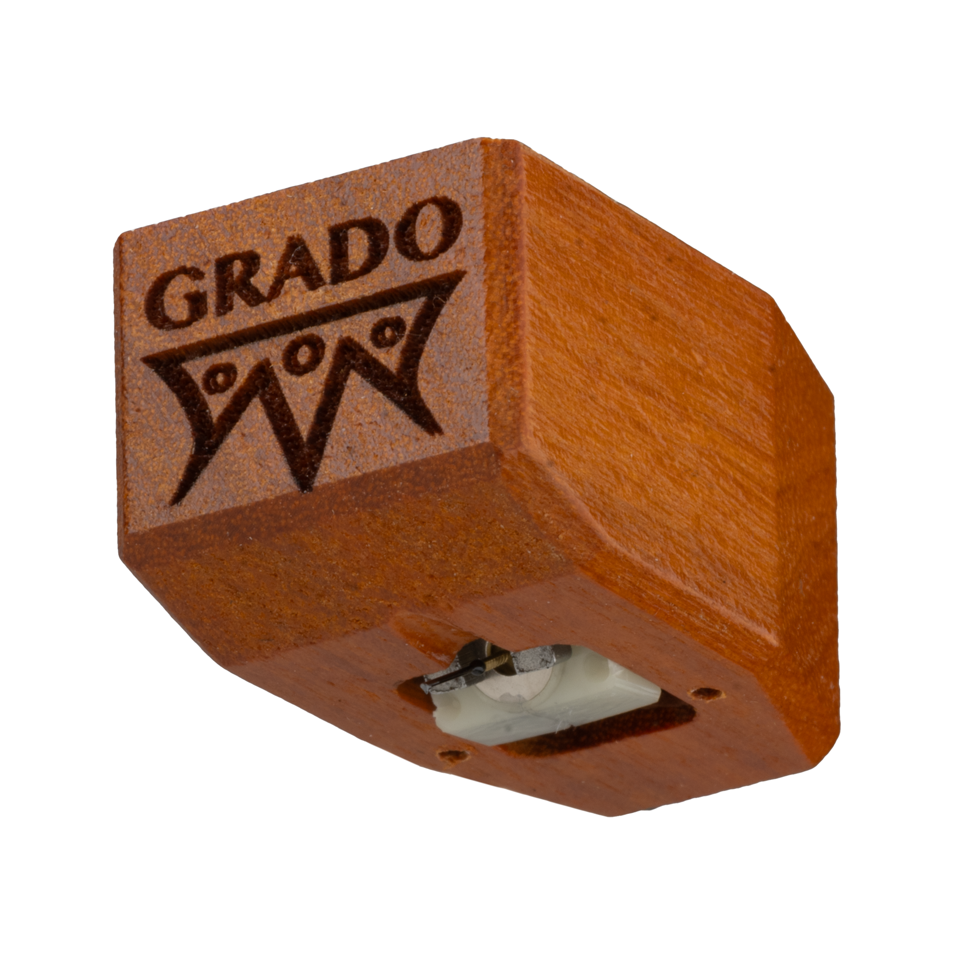 Close up photo of a Timbre Series - Master/Reference - Cartridge which is wooden and has the words GRADO and a symbol that resembles an upside down crown engraved in it.