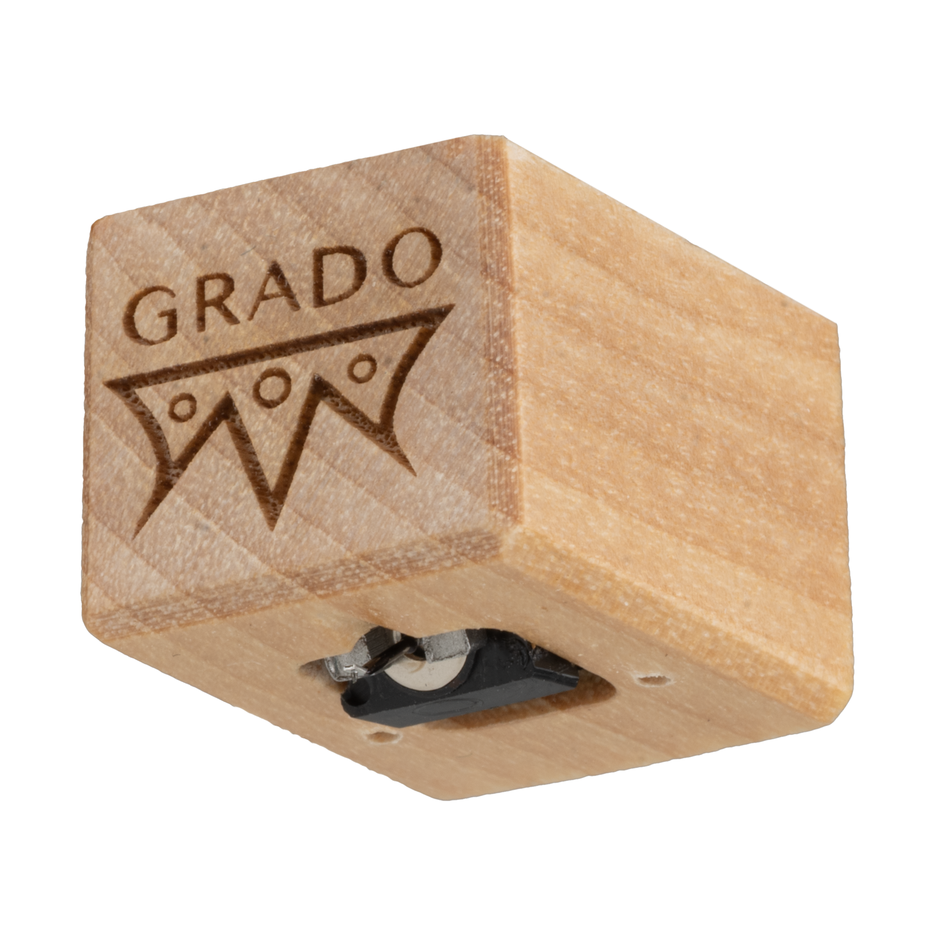 Close up photo of a Timbre Series - Opus - Cartridge which is wooden and has the words GRADO and a symbol that resembles an upside down crown engraved in it.