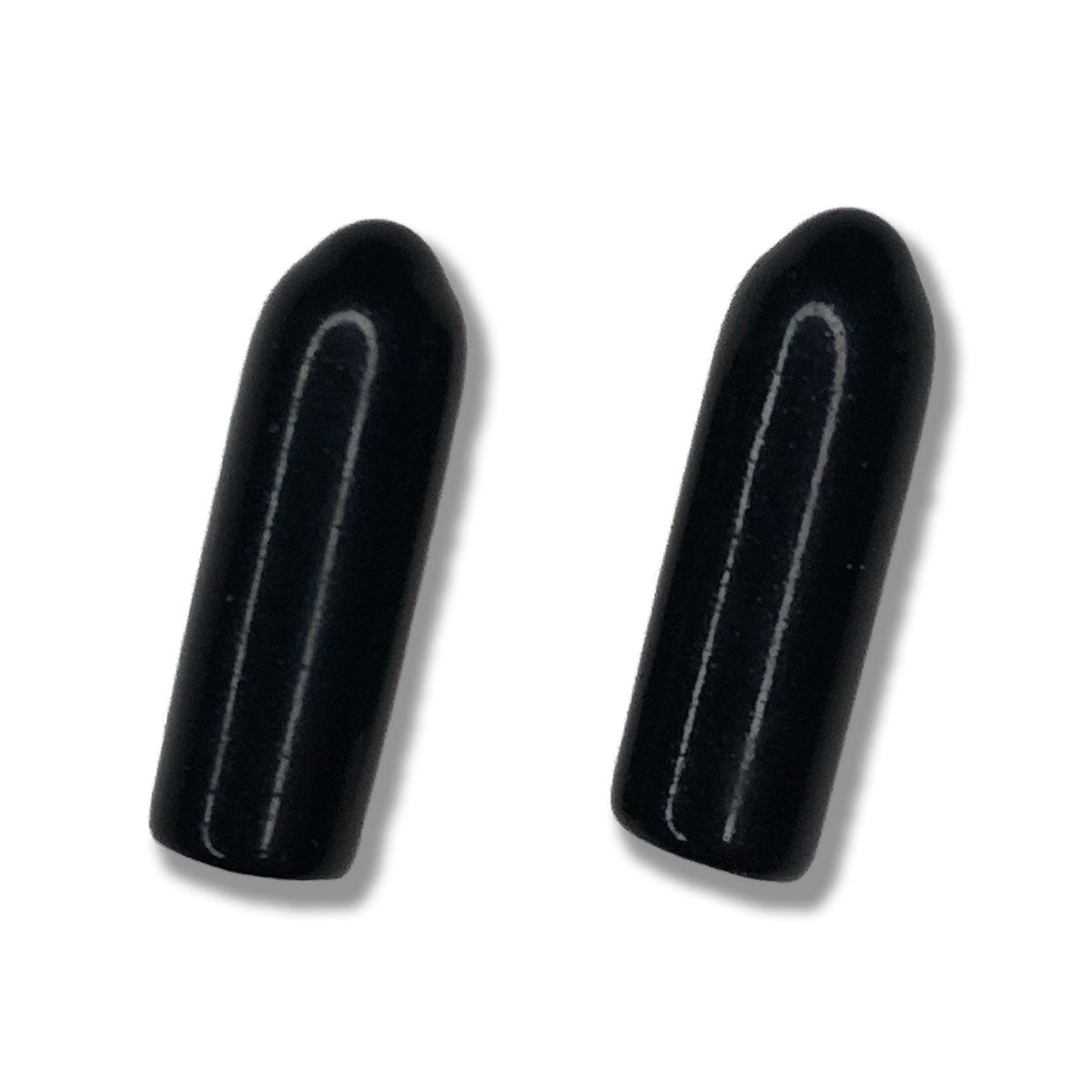 Photo of two black plastic end caps on a white background.