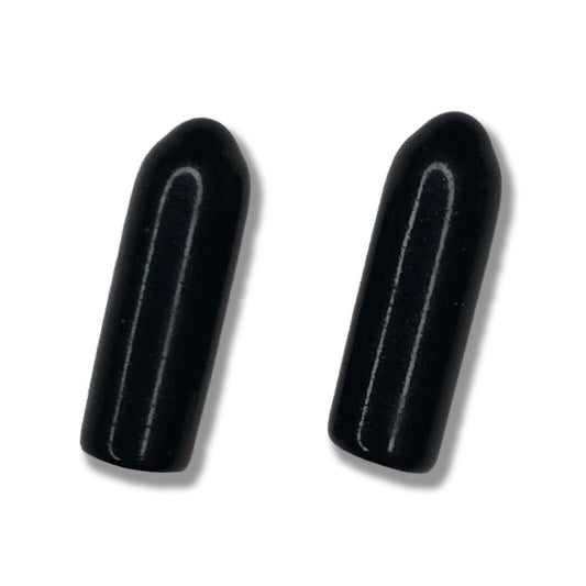Photo of two black plastic end caps on a white background.