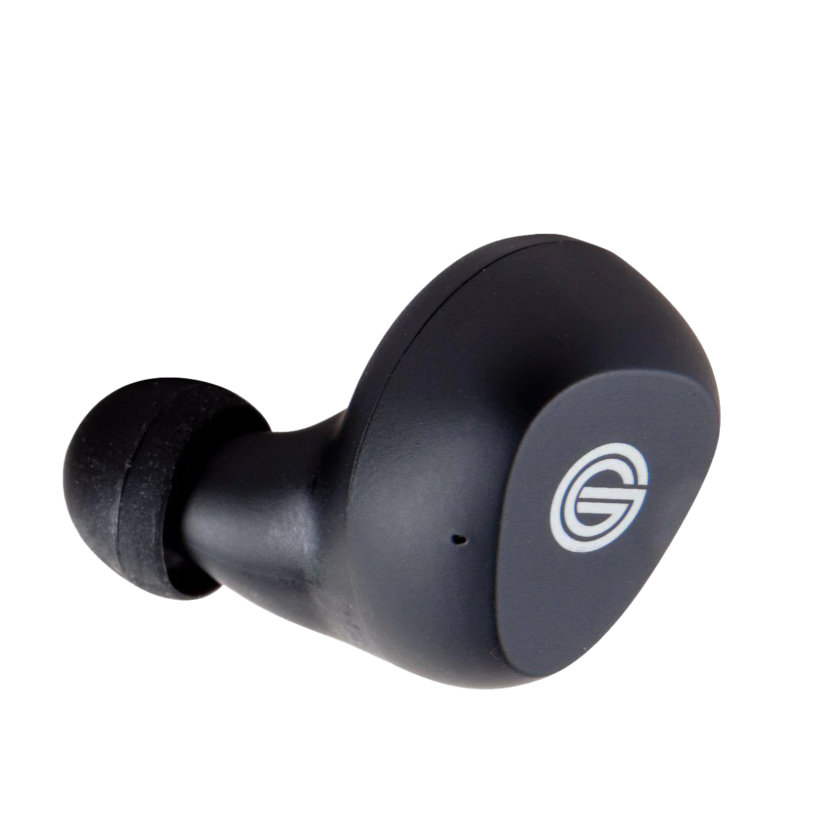Photo of the left side ear bud for the GT220 which is black and has the white 'G' Grado Logo on it.