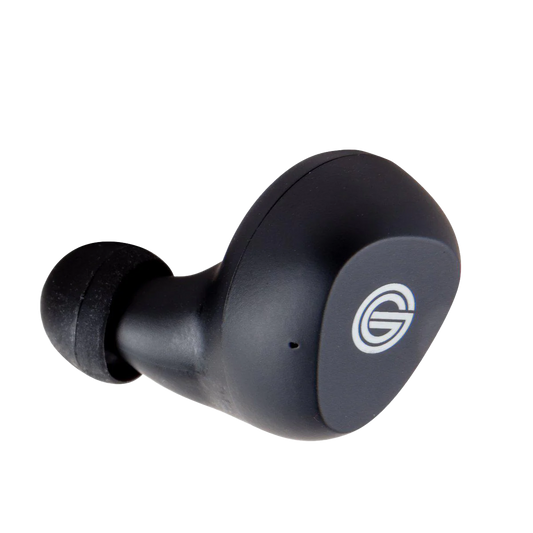 Photo of the left side ear bud for the GT220 which is black and has the white 'G' Grado Logo on it.